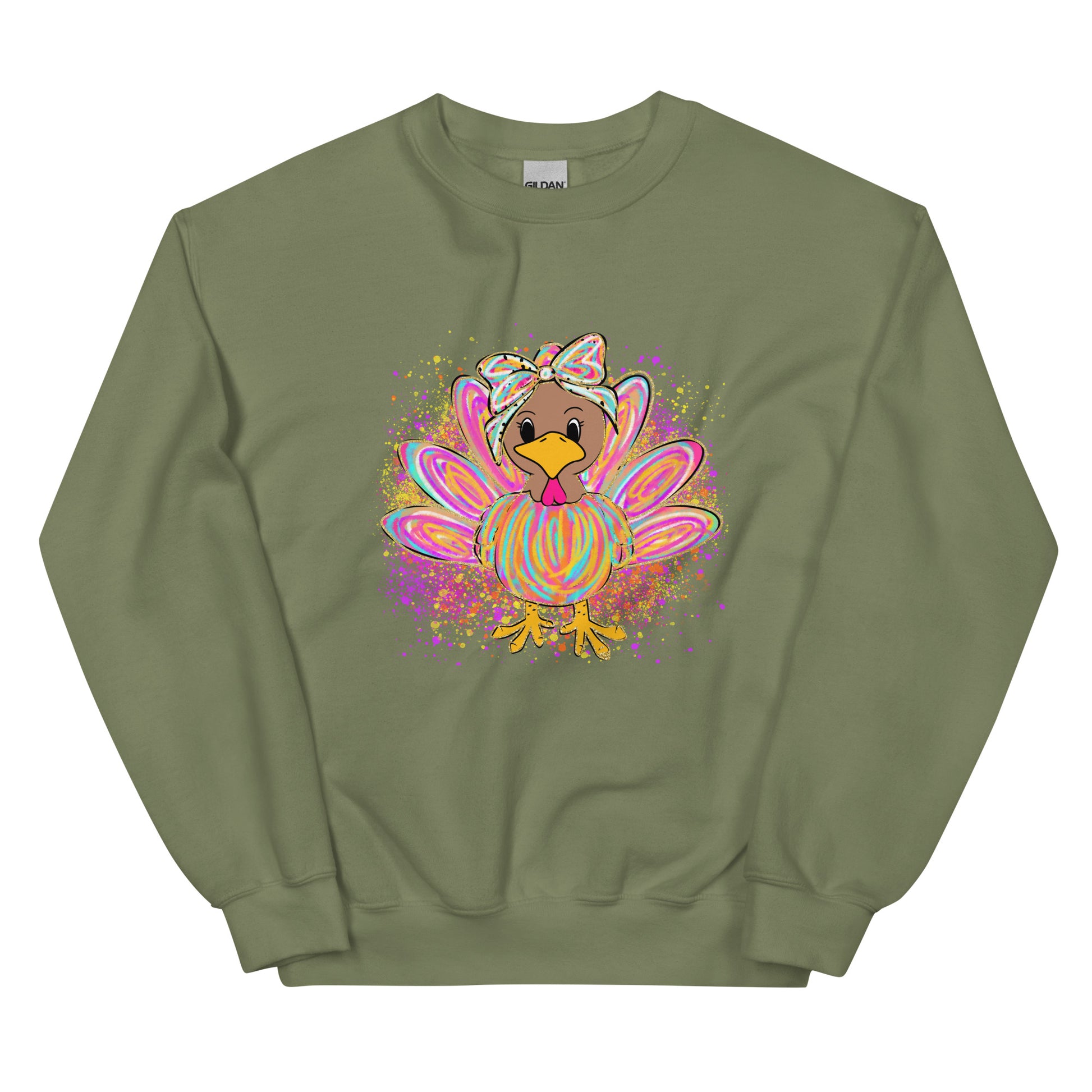 Festive pastel turkey graphic crewneck sweatshirt design displayed on assorted colors.