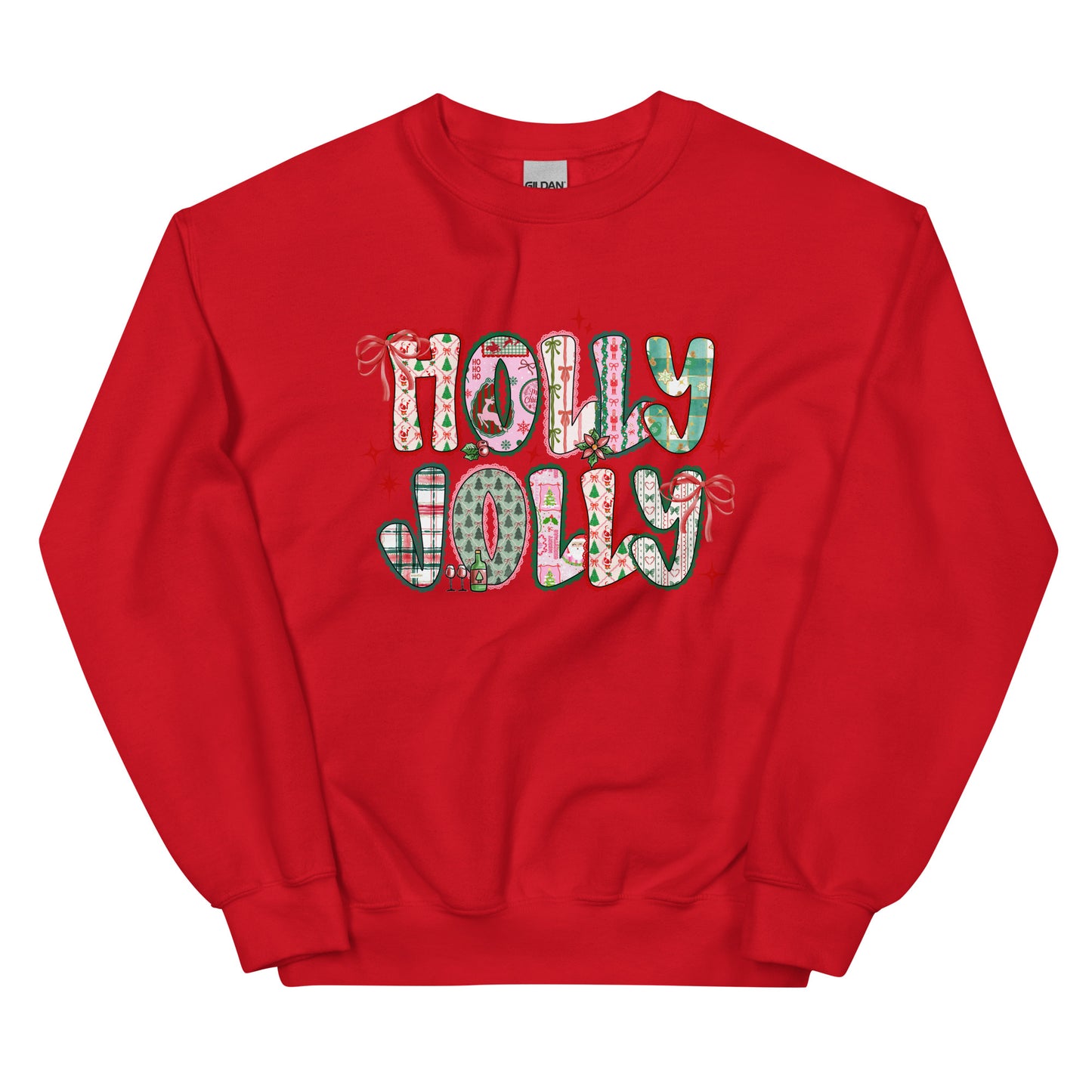 Holly Jolly Patchwork Christmas crewneck sweatshirt – cute festive holiday design with Santa, bows, and seasonal prints