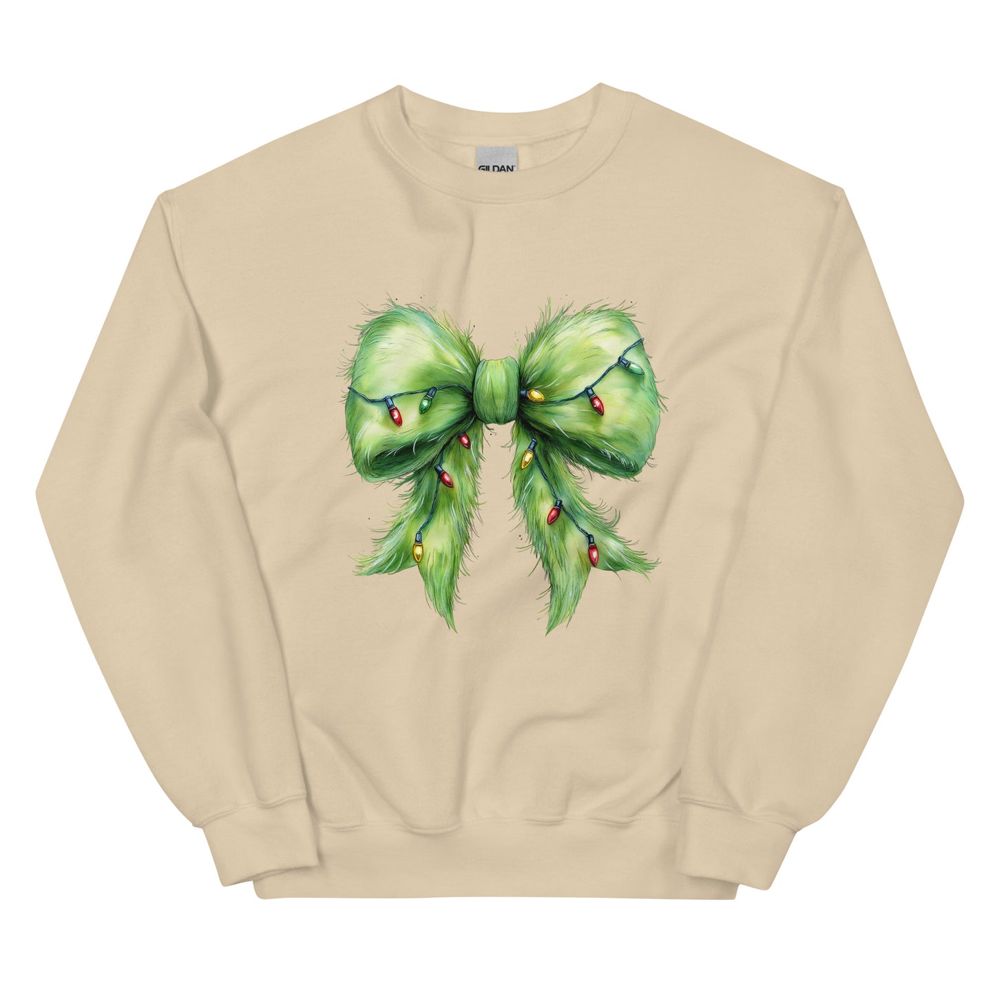 Festive crewneck sweatshirt with green Christmas bow design