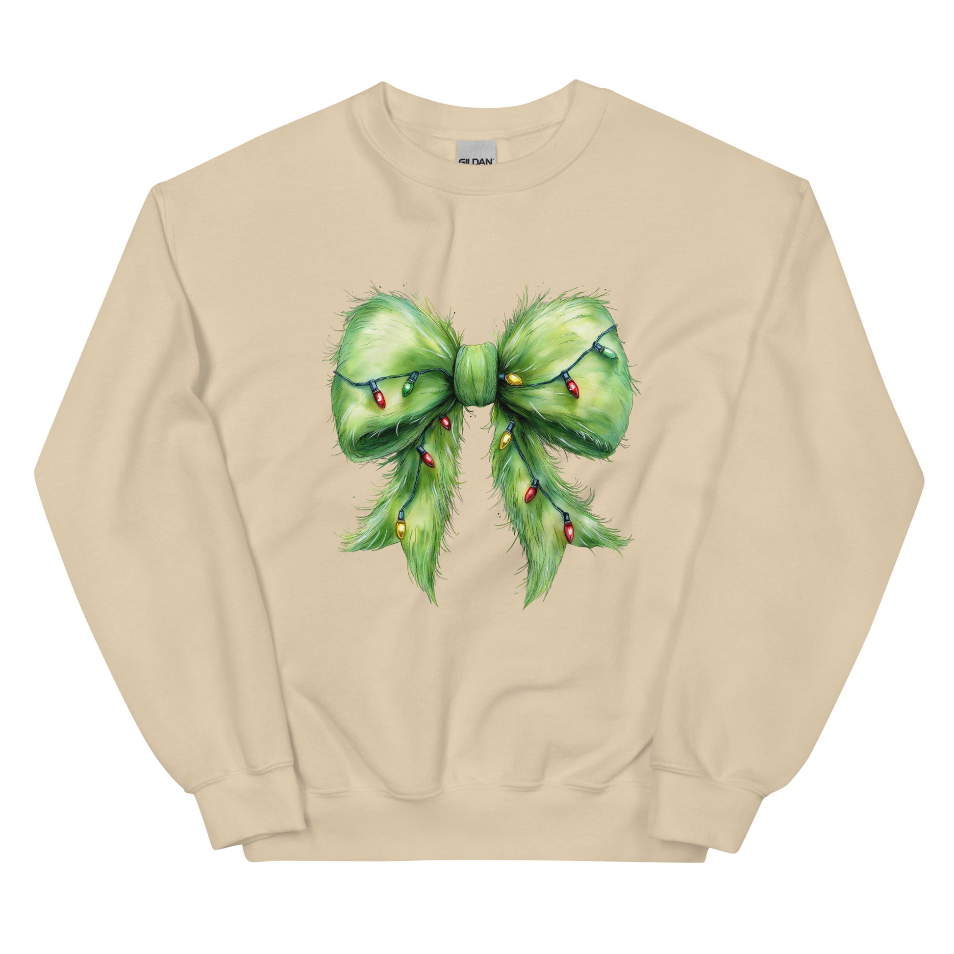 Festive crewneck sweatshirt with green Christmas bow design