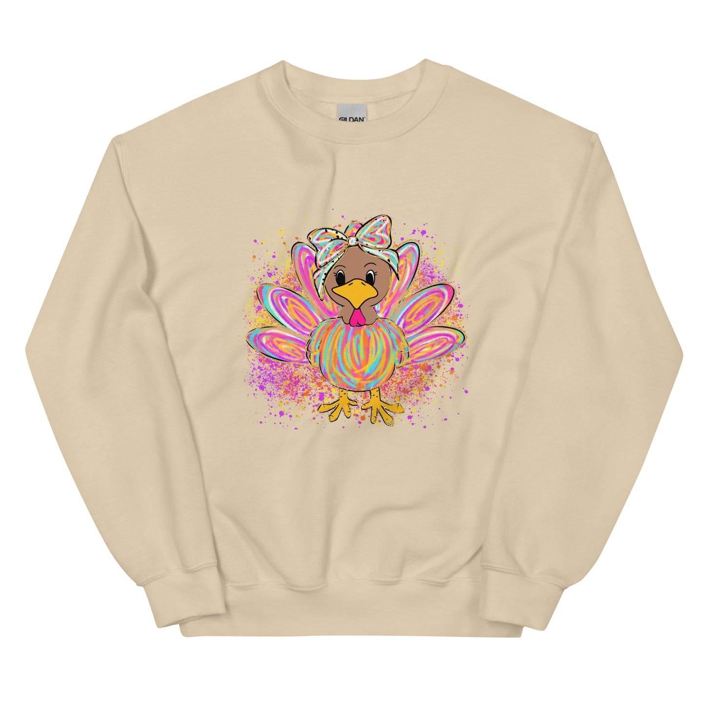 Festive pastel turkey graphic crewneck sweatshirt design displayed on assorted colors.