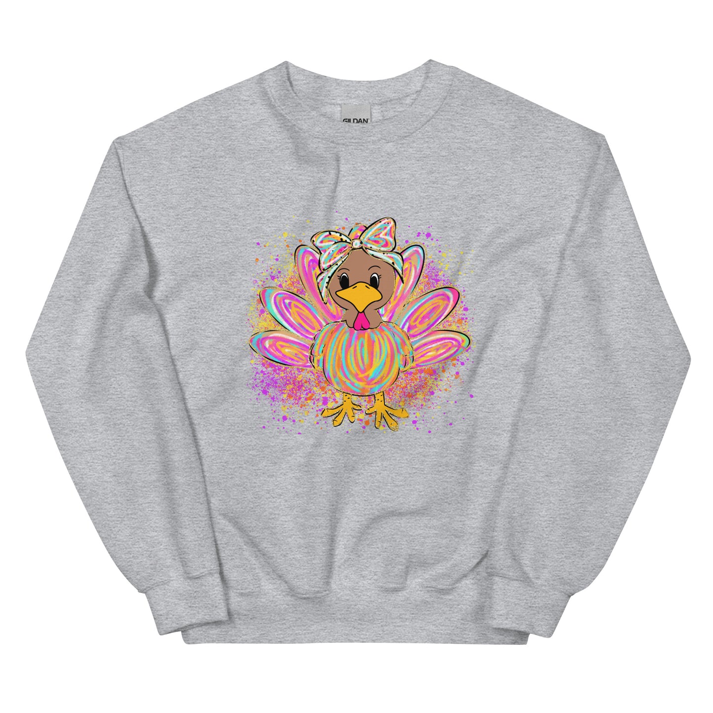 Festive pastel turkey graphic crewneck sweatshirt design displayed on assorted colors.