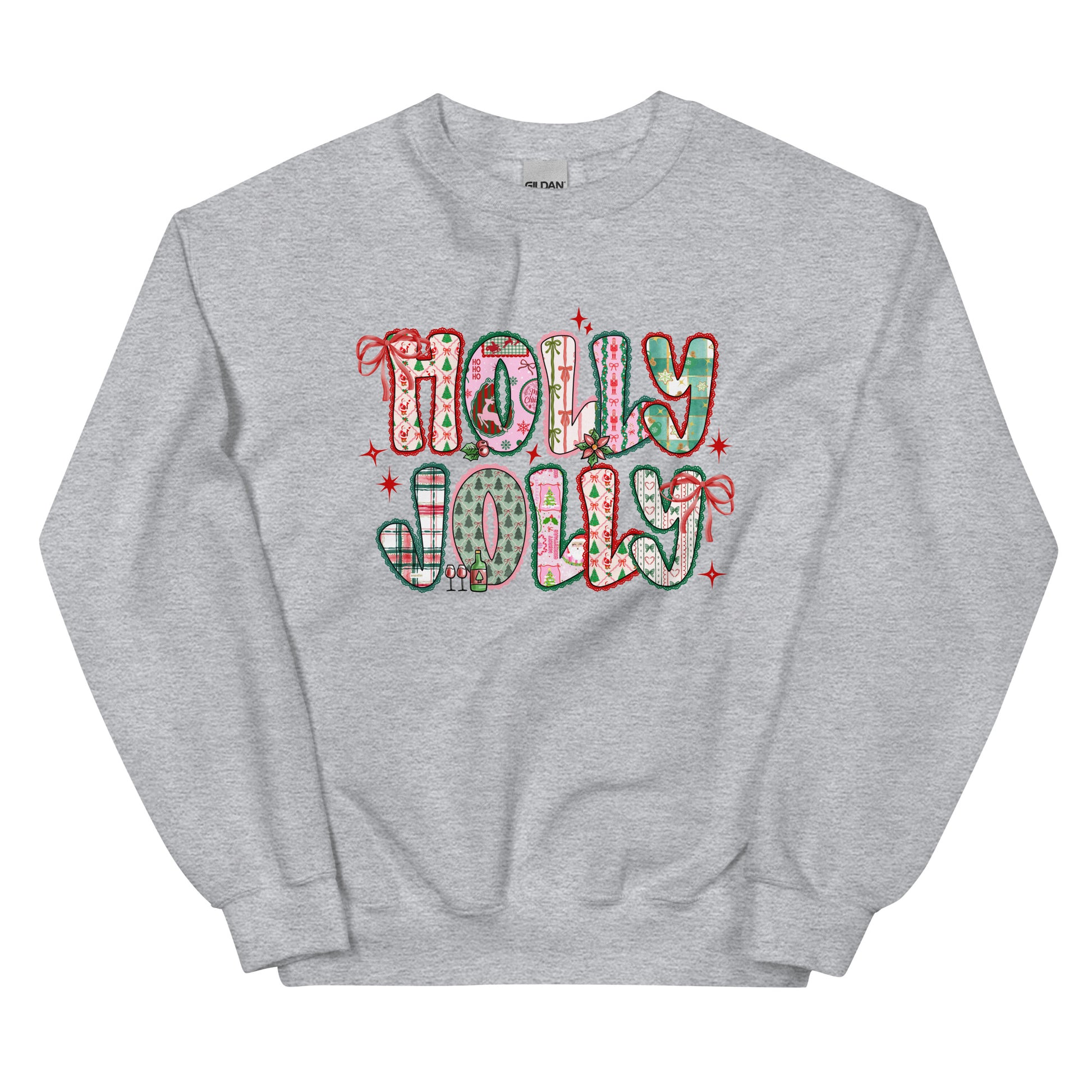 Holly Jolly Patchwork Christmas crewneck sweatshirt – cute festive holiday design with Santa, bows, and seasonal prints