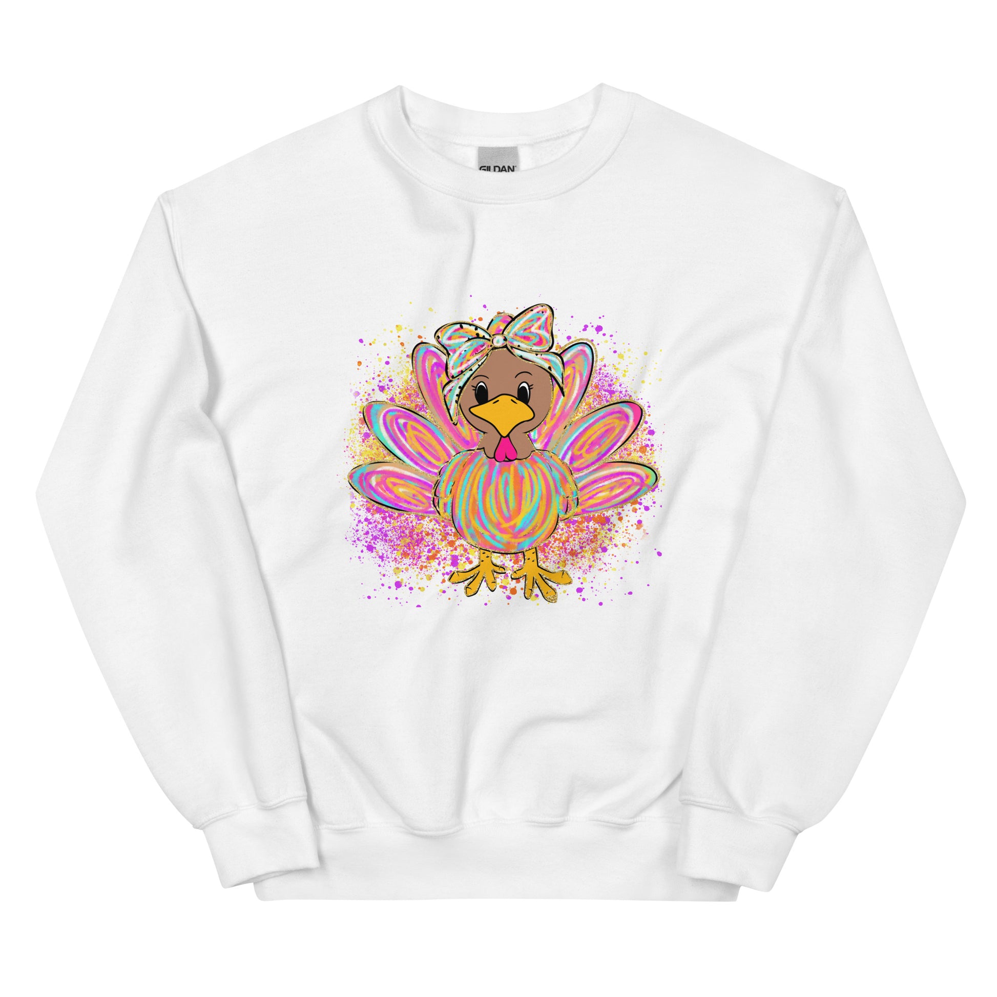 Festive pastel turkey graphic crewneck sweatshirt design displayed on assorted colors.
