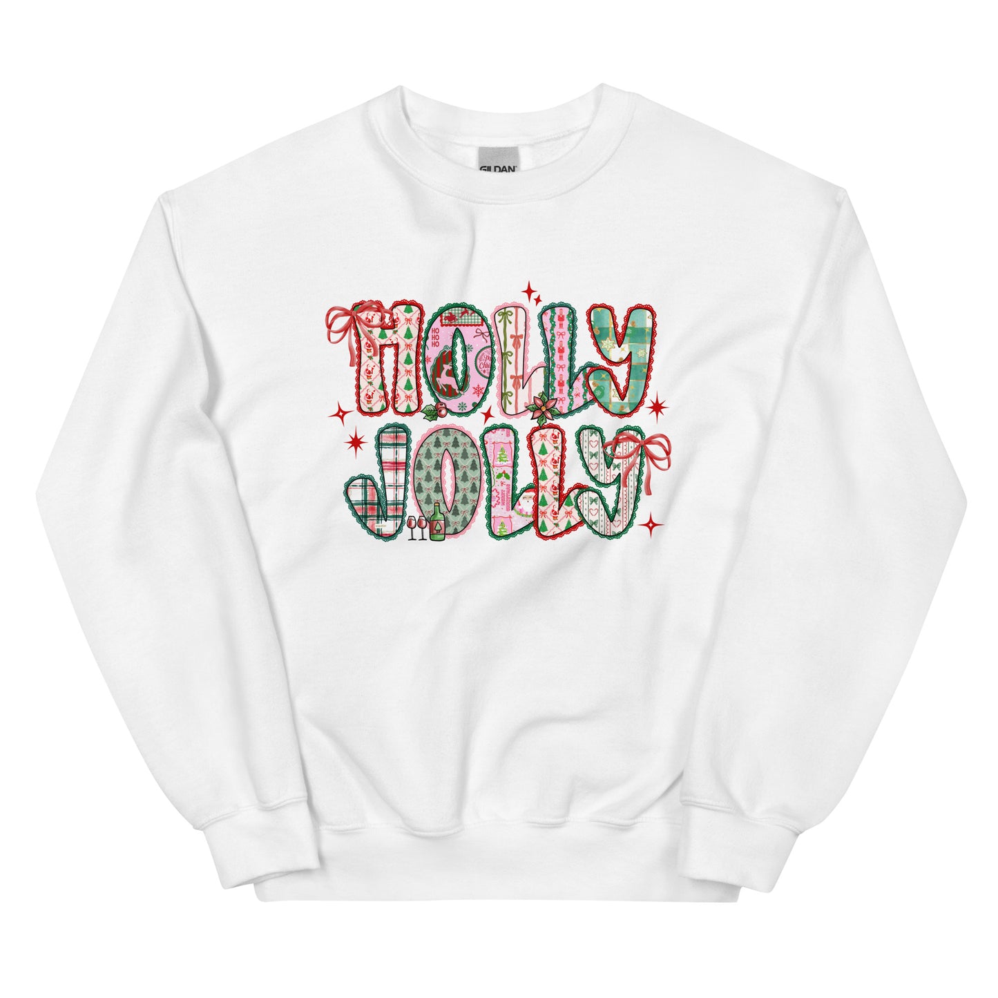 Holly Jolly Patchwork Christmas crewneck sweatshirt – cute festive holiday design with Santa, bows, and seasonal prints