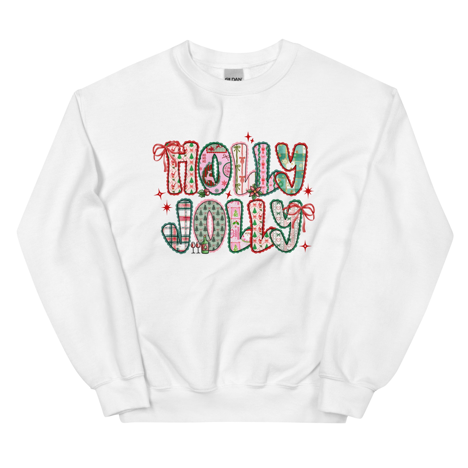 Holly Jolly Patchwork Christmas crewneck sweatshirt – cute festive holiday design with Santa, bows, and seasonal prints
