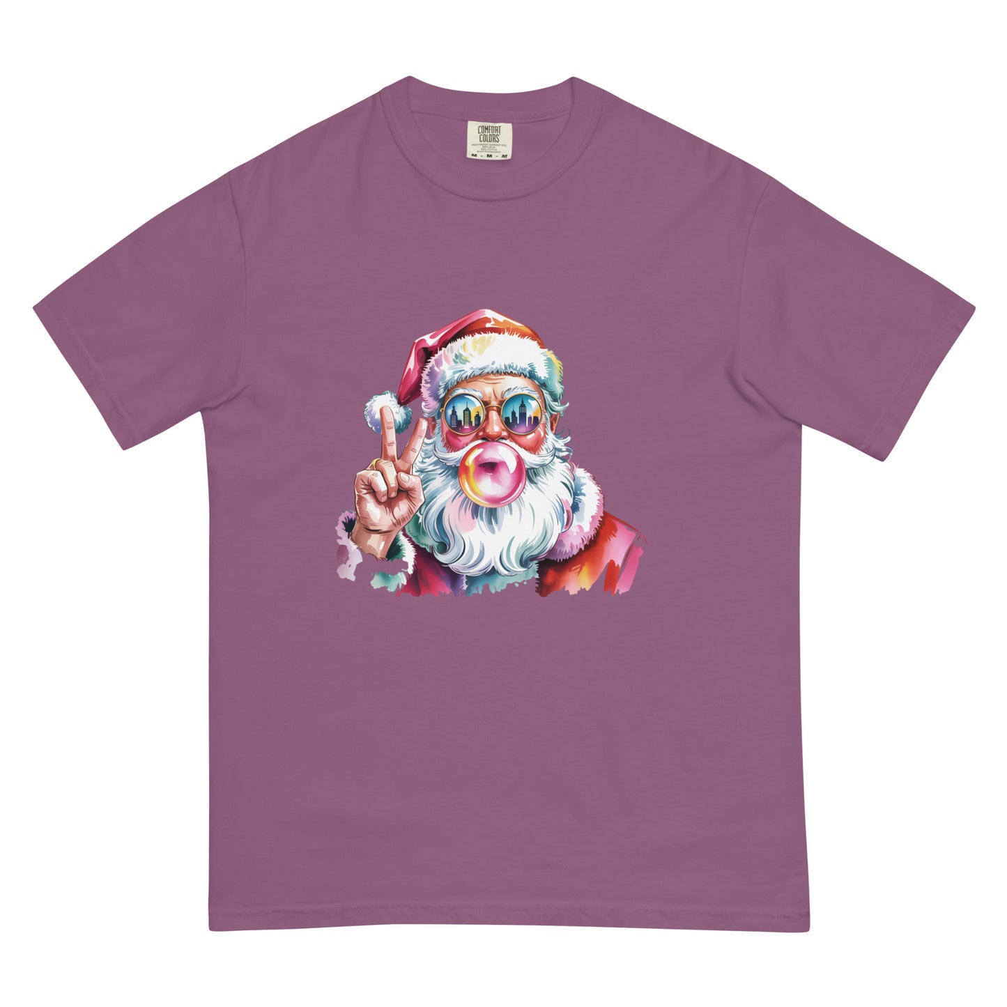 Hey Santa graphic Christmas T-shirt in multiple colors displayed flat for product detailing.