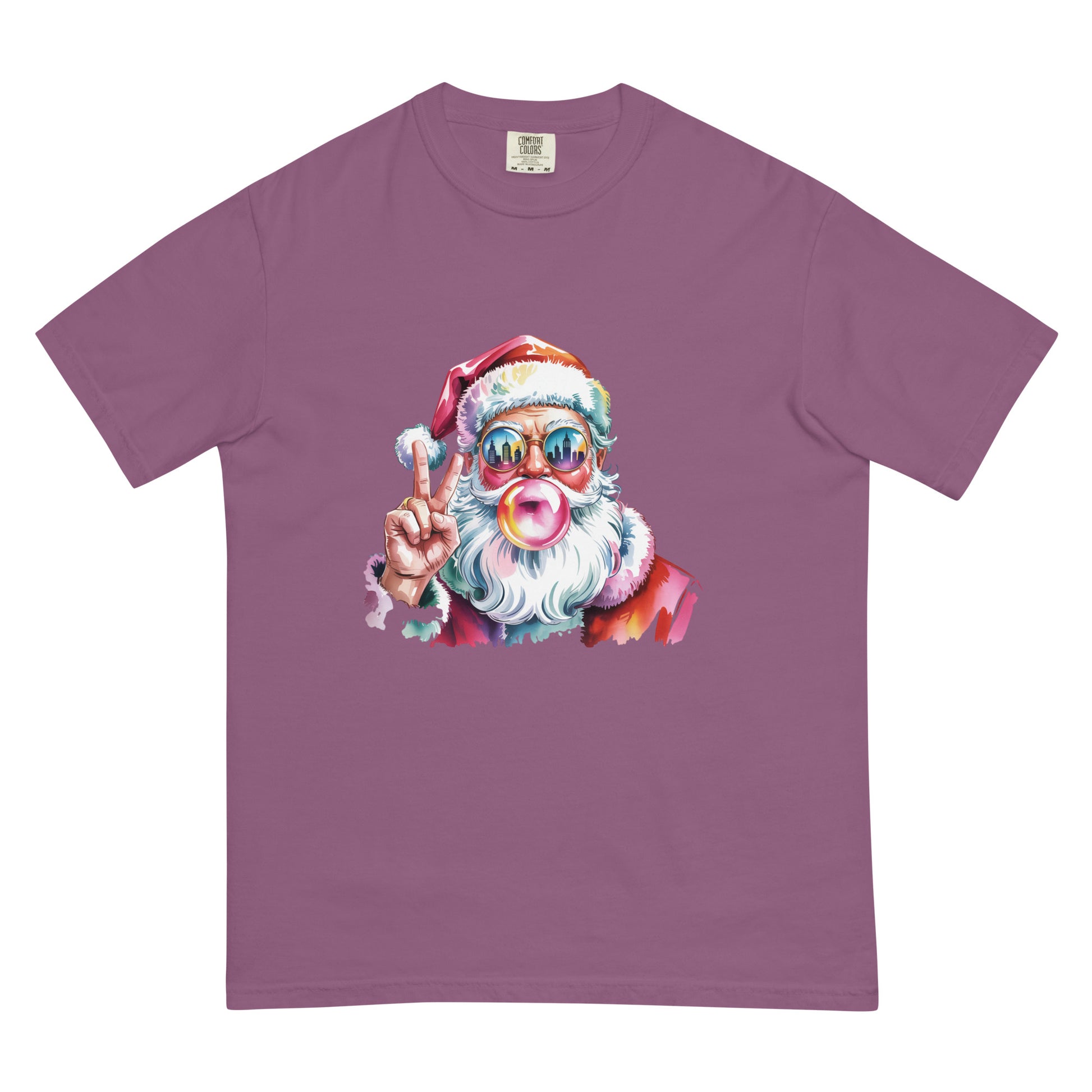 Hey Santa graphic Christmas T-shirt in multiple colors displayed flat for product detailing.