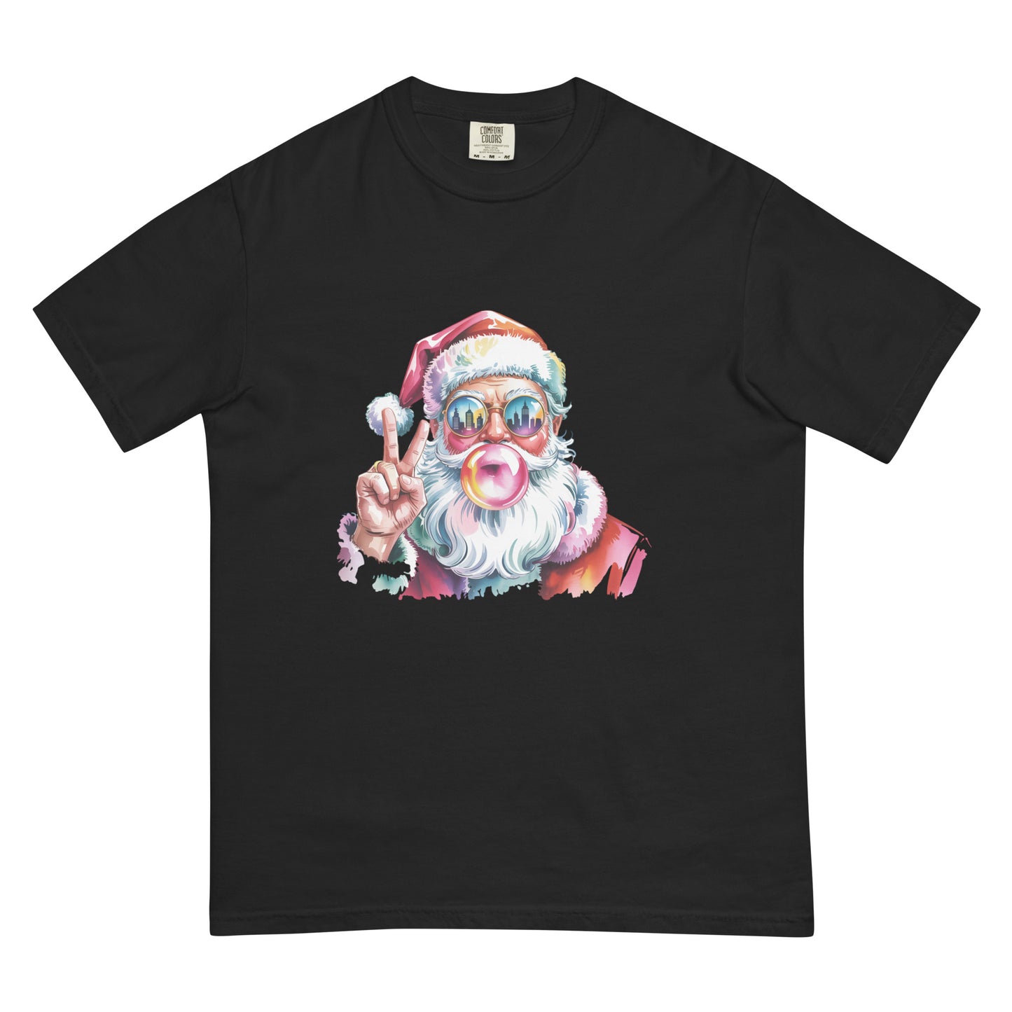 Product mHey Santa graphic Christmas T-shirt in multiple colors displayed flat for product detailing.ockup