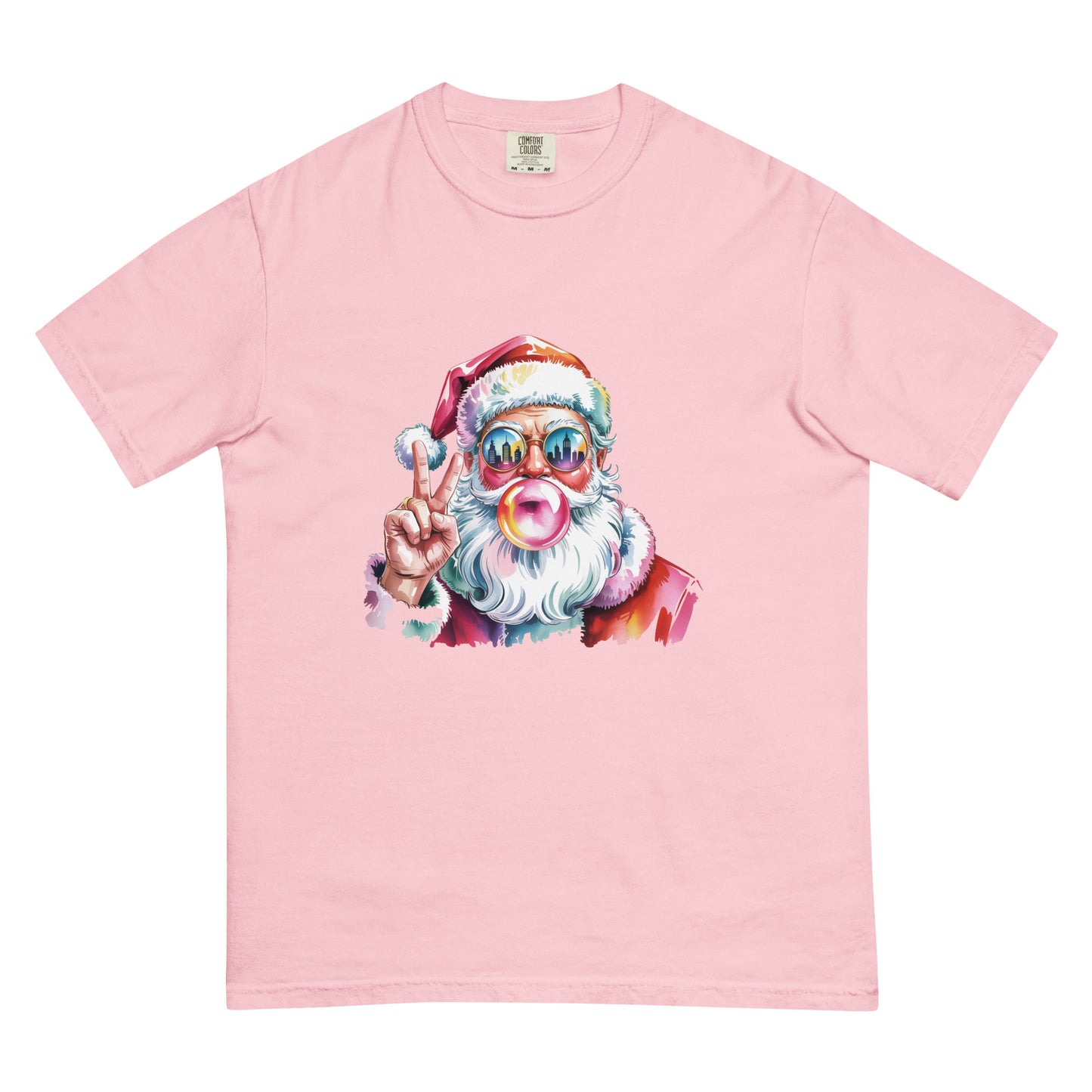 Hey Santa graphic Christmas T-shirt in multiple colors displayed flat for product detailing.