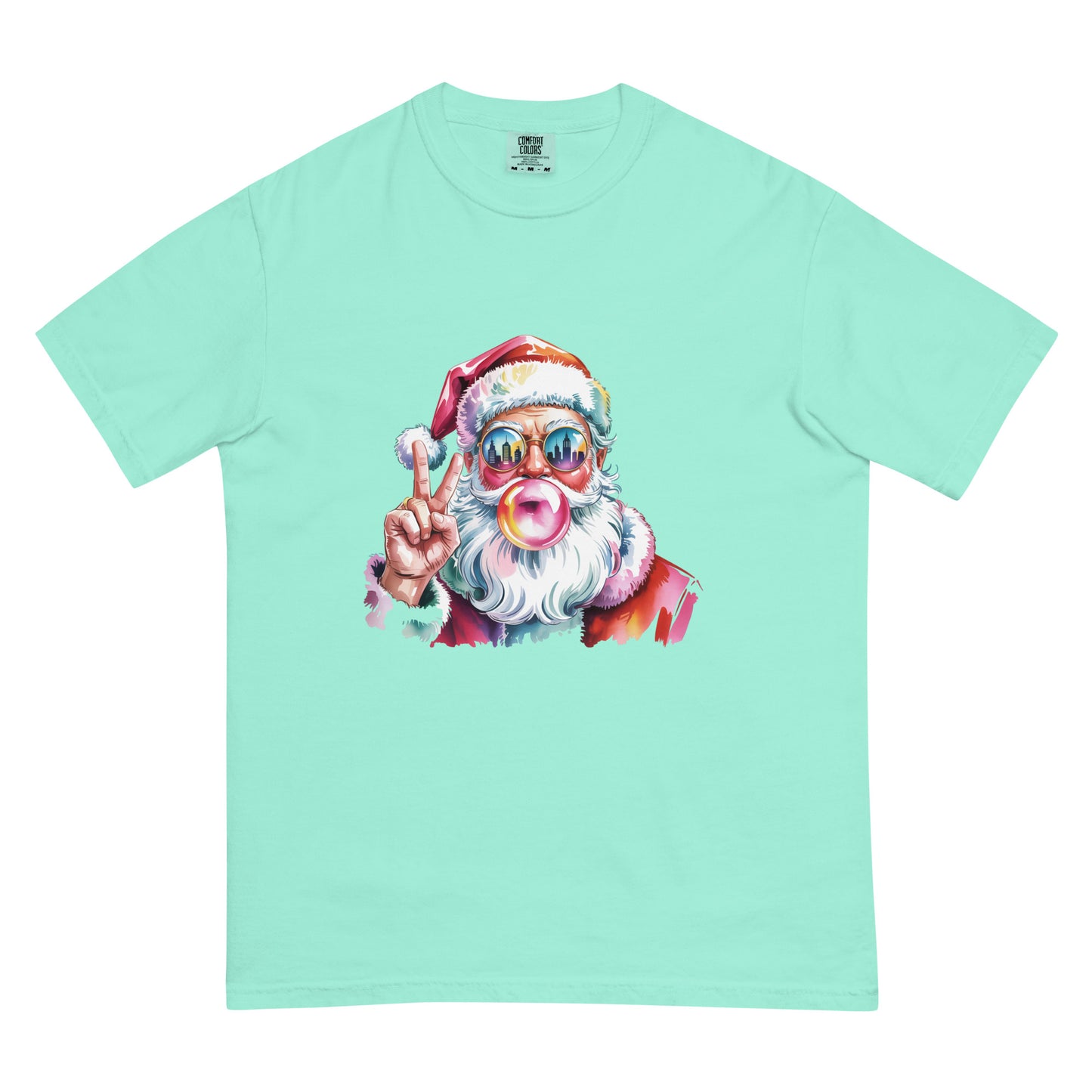 Hey Santa graphic Christmas T-shirt in multiple colors displayed flat for product detailing.