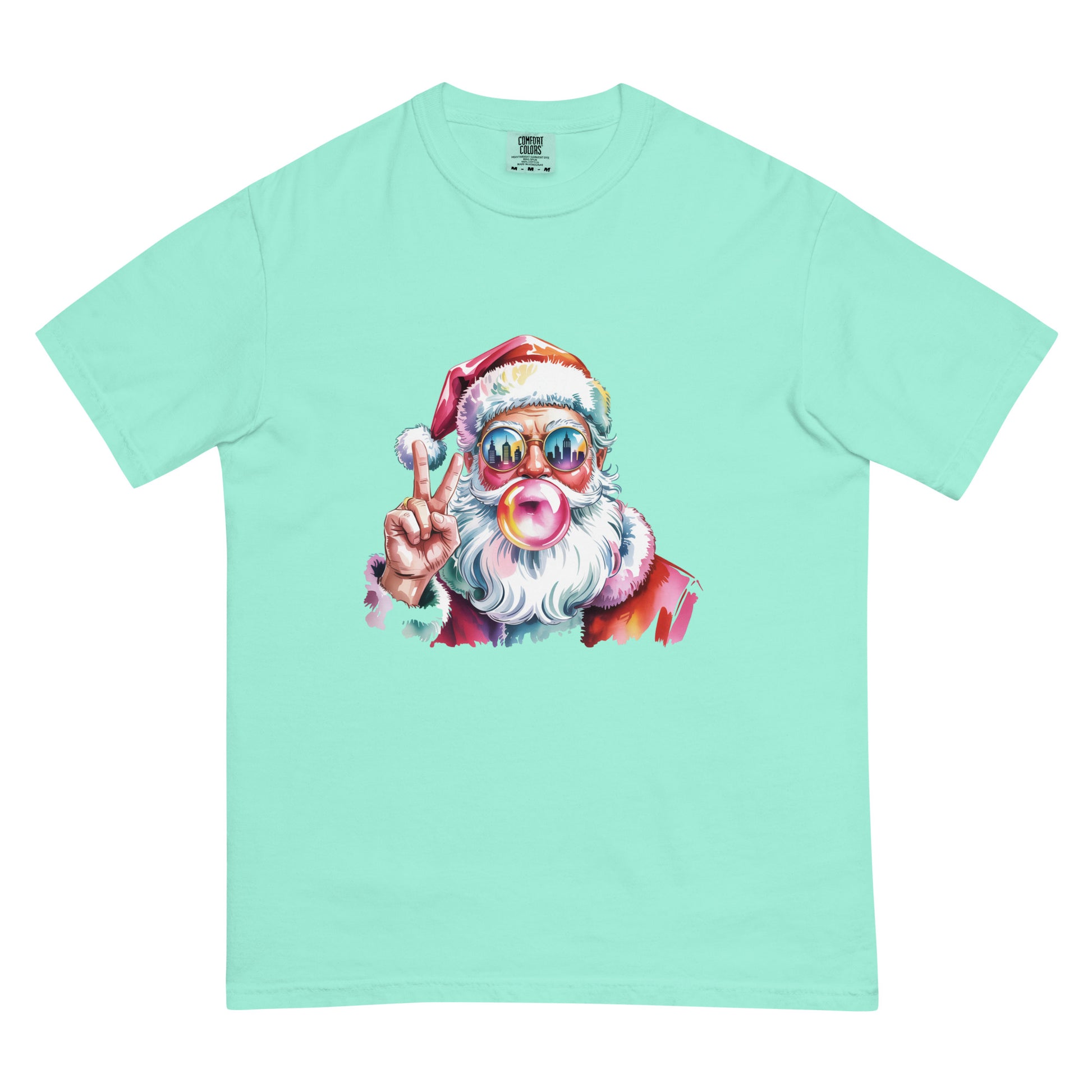 Hey Santa graphic Christmas T-shirt in multiple colors displayed flat for product detailing.
