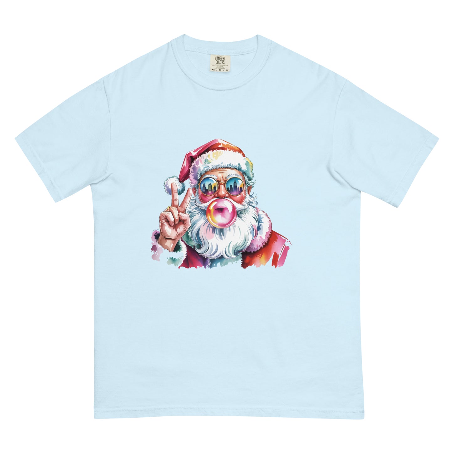 Hey Santa graphic Christmas T-shirt in multiple colors displayed flat for product detailing.