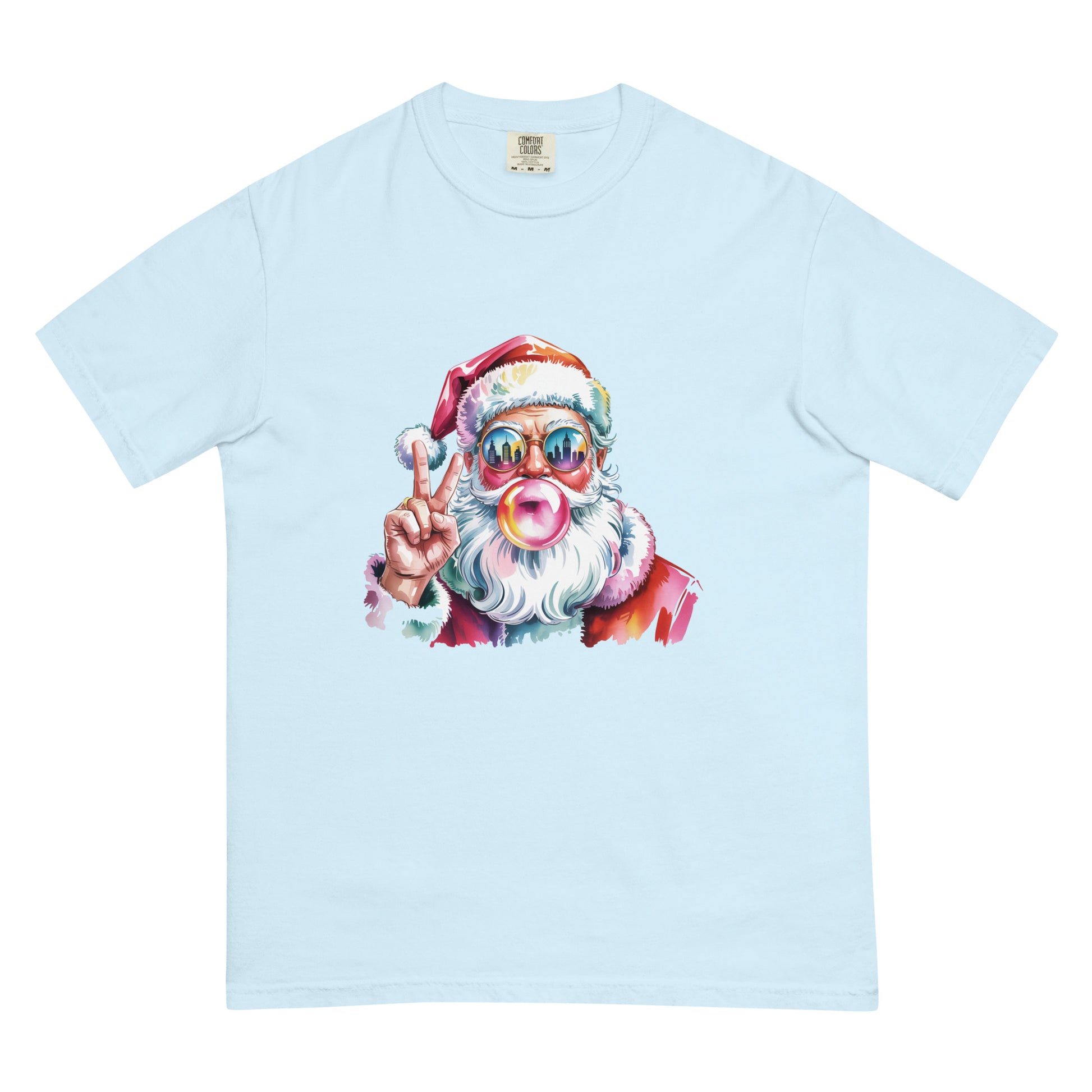 Hey Santa graphic Christmas T-shirt in multiple colors displayed flat for product detailing.
