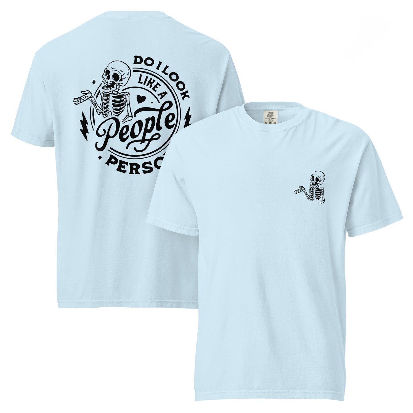 Additional product mockups of “People Person?” skeleton graphic tee
