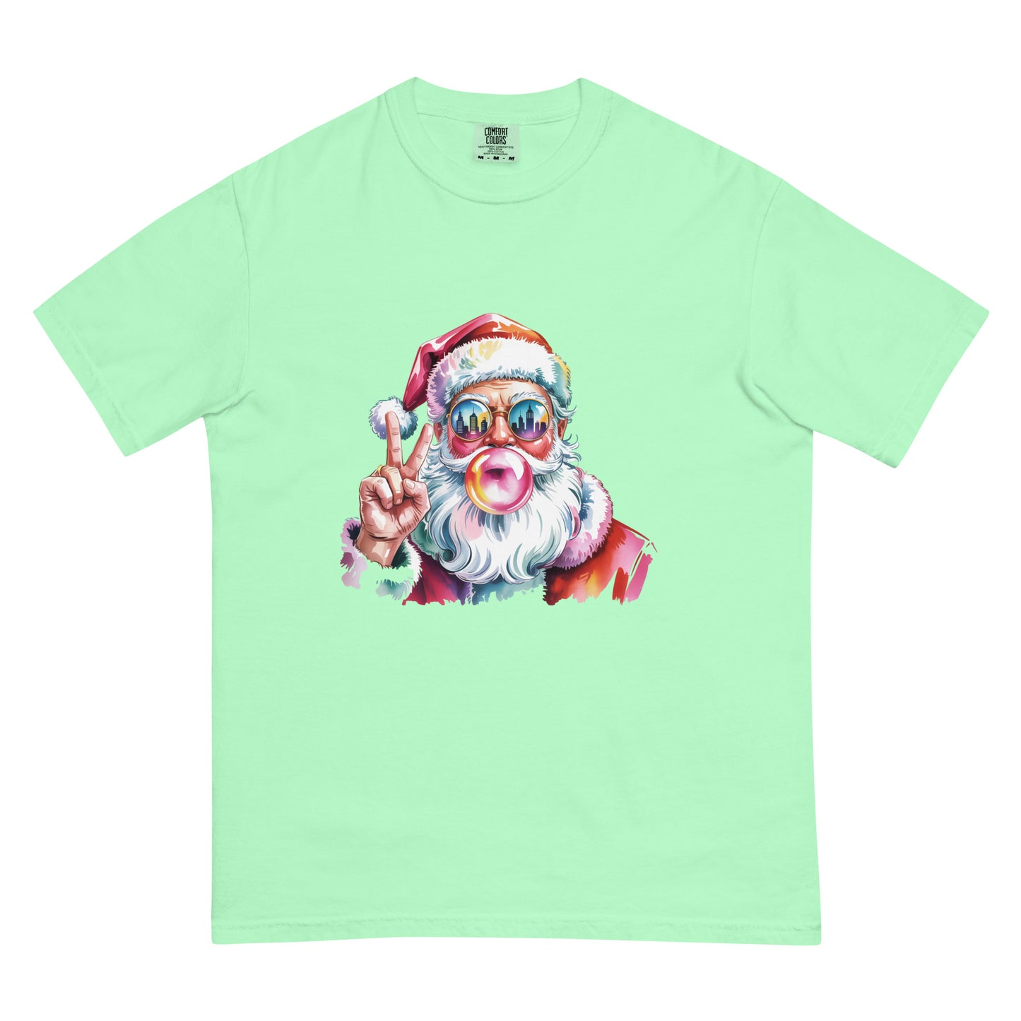 Hey Santa graphic Christmas T-shirt in multiple colors displayed flat for product detailing.