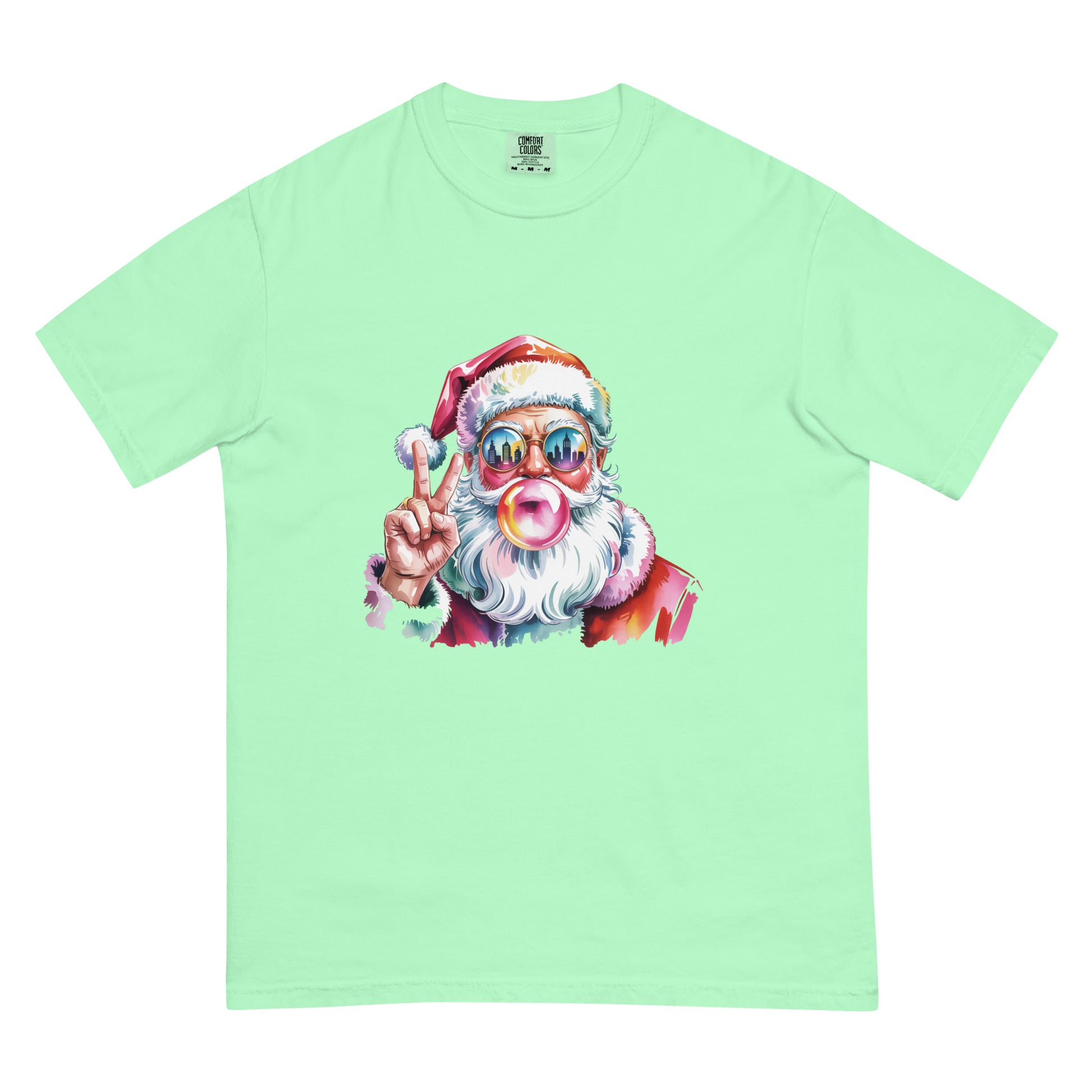 Hey Santa graphic Christmas T-shirt in multiple colors displayed flat for product detailing.