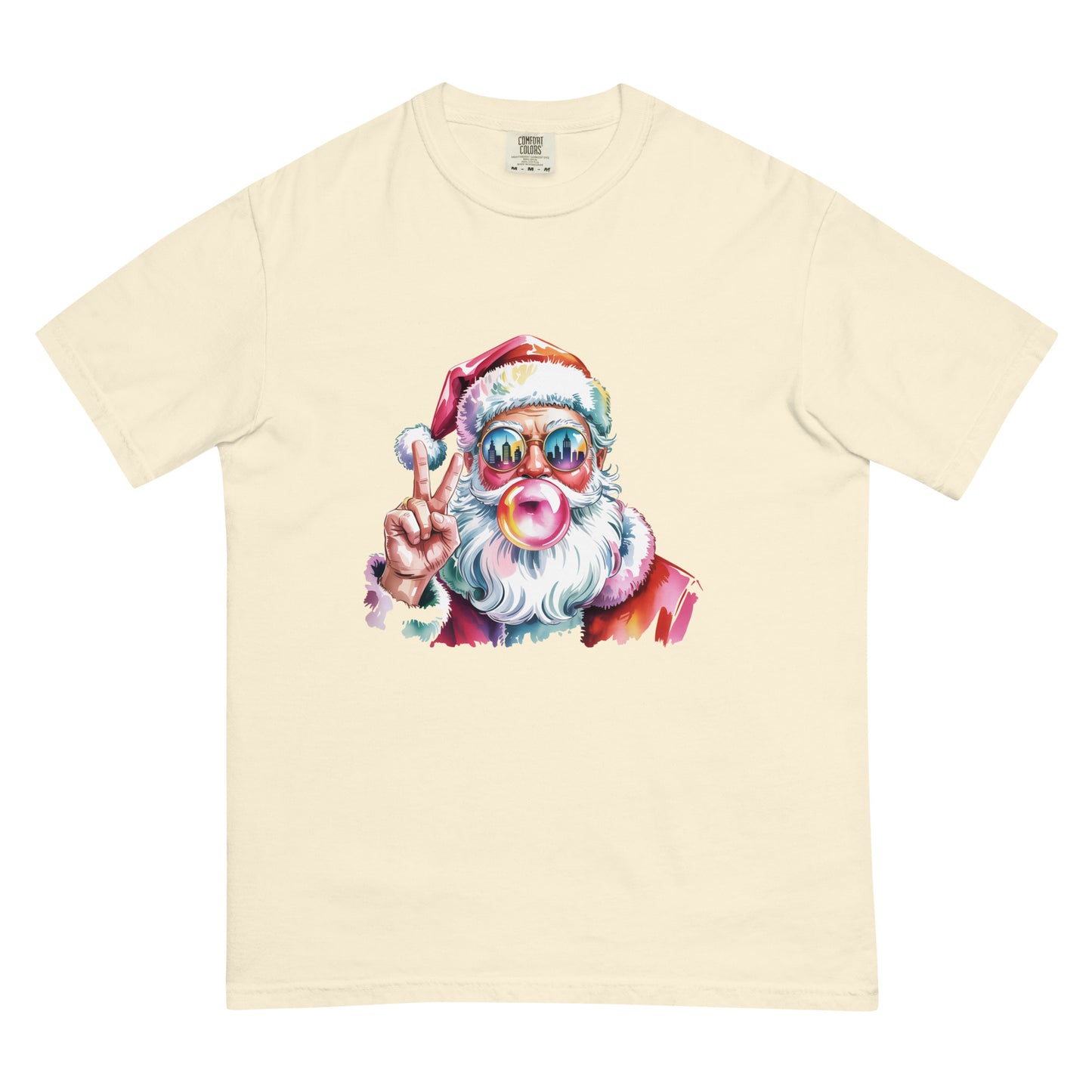 Hey Santa graphic Christmas T-shirt in multiple colors displayed flat for product detailing.
