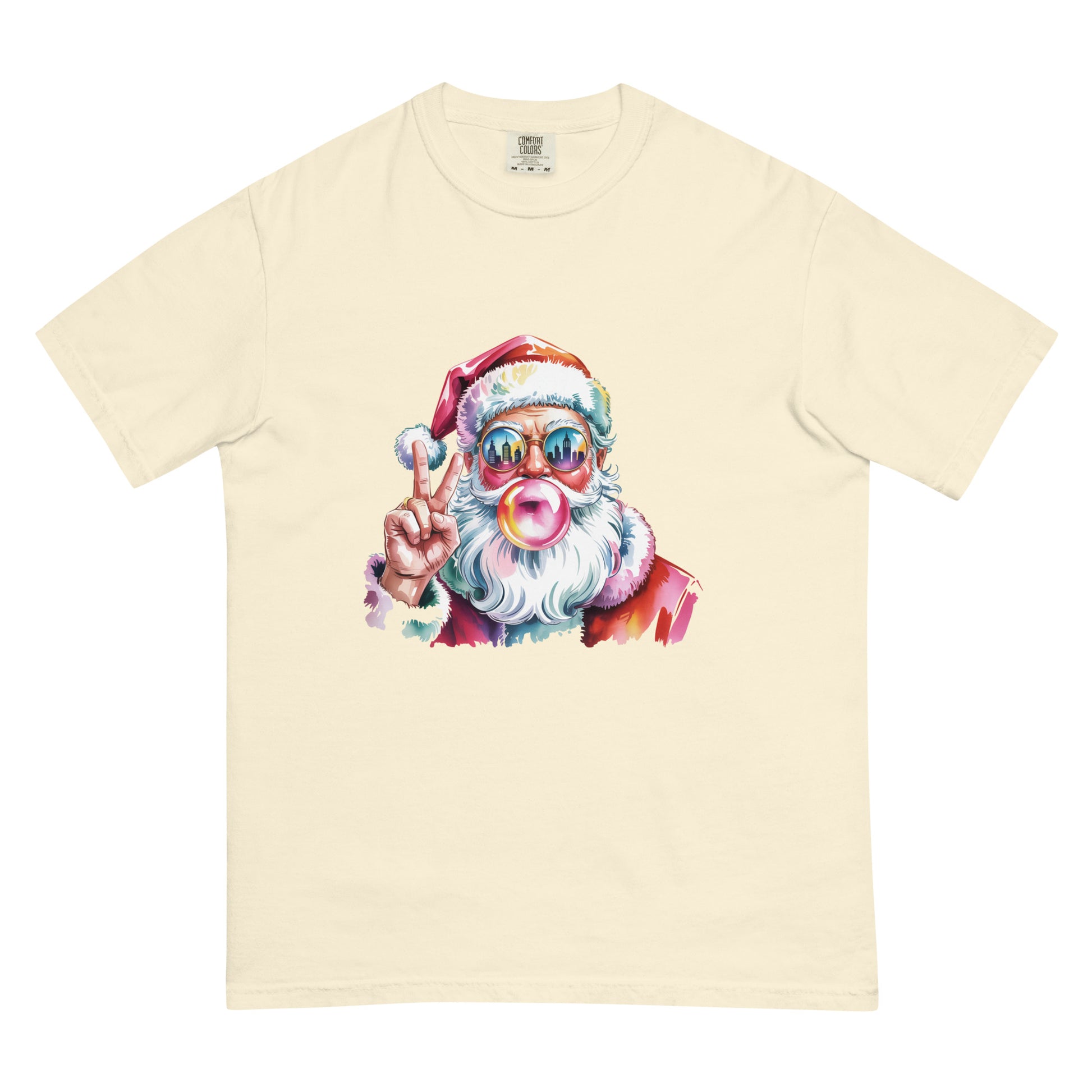 Hey Santa graphic Christmas T-shirt in multiple colors displayed flat for product detailing.