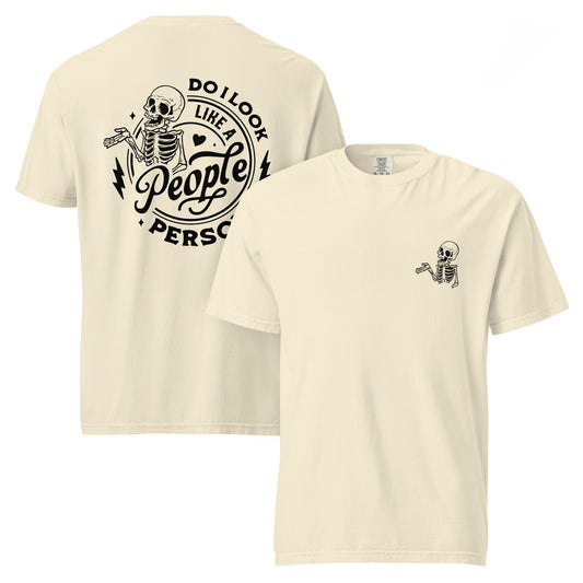 Cream Comfort Colors shirt with black skeleton “People Person?” graphic