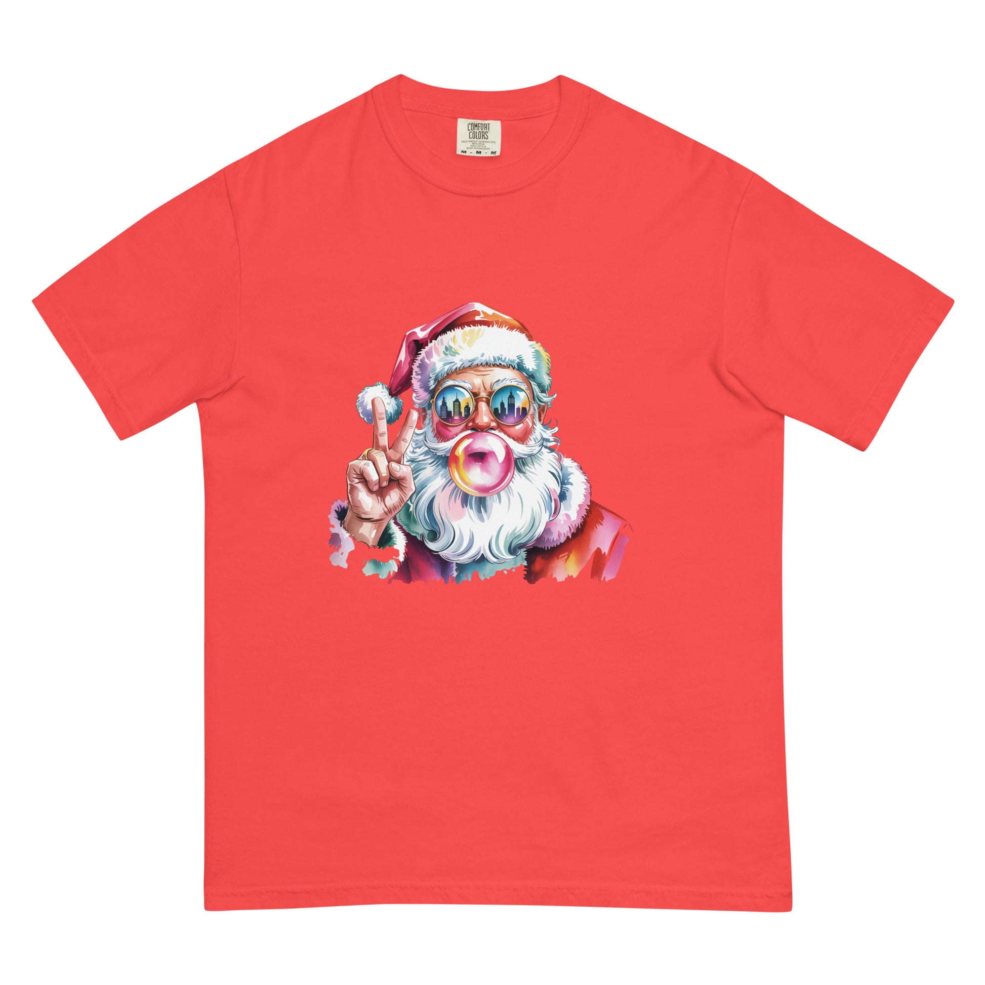Hey Santa graphic Christmas T-shirt in multiple colors displayed flat for product detailing.