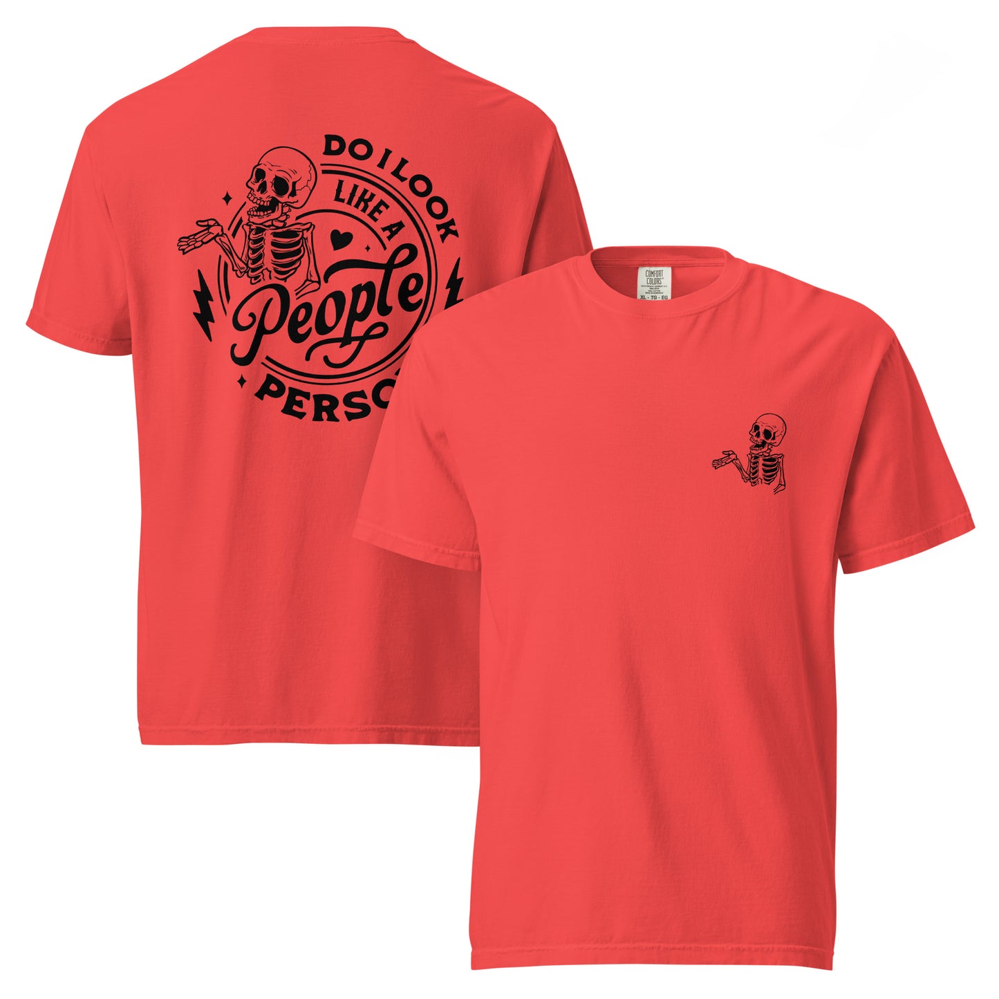 Red Comfort Colors shirt with black “People Person?” skeleton illustration