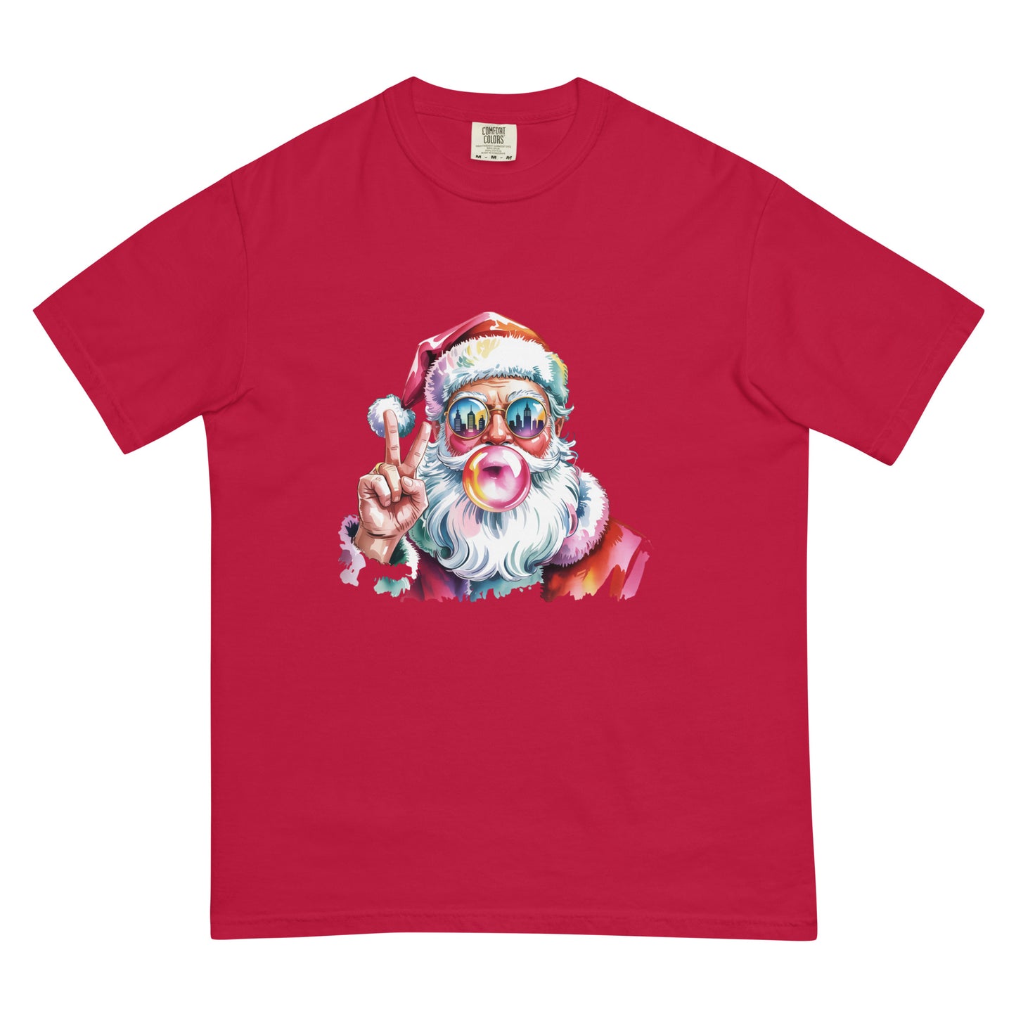 Hey Santa graphic Christmas T-shirt in multiple colors displayed flat for product detailing.
