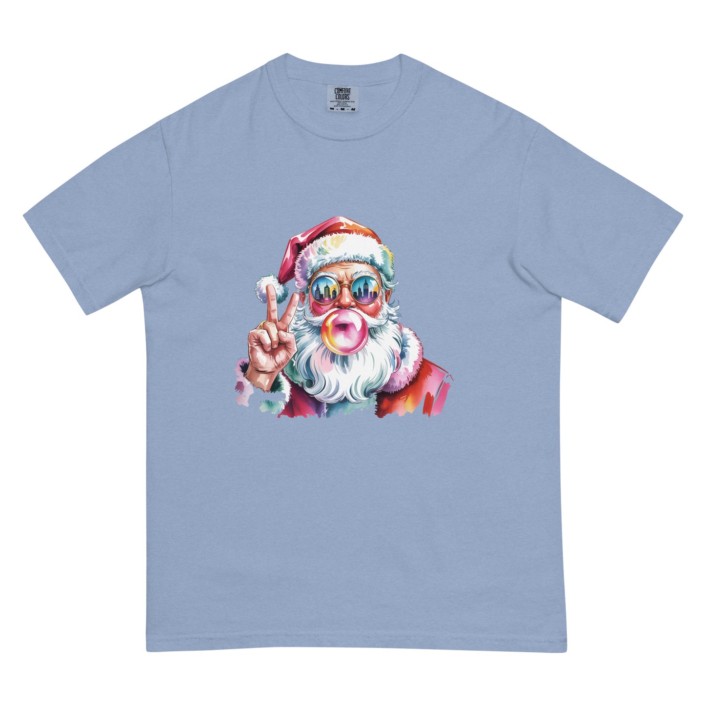 Hey Santa graphic Christmas T-shirt in multiple colors displayed flat for product detailing.