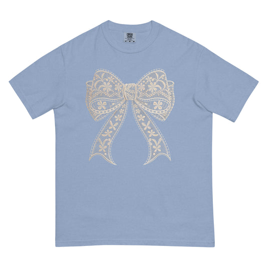 Lace Coquette Bow T-Shirt – aesthetic soft-girl graphic tee with lace bow design