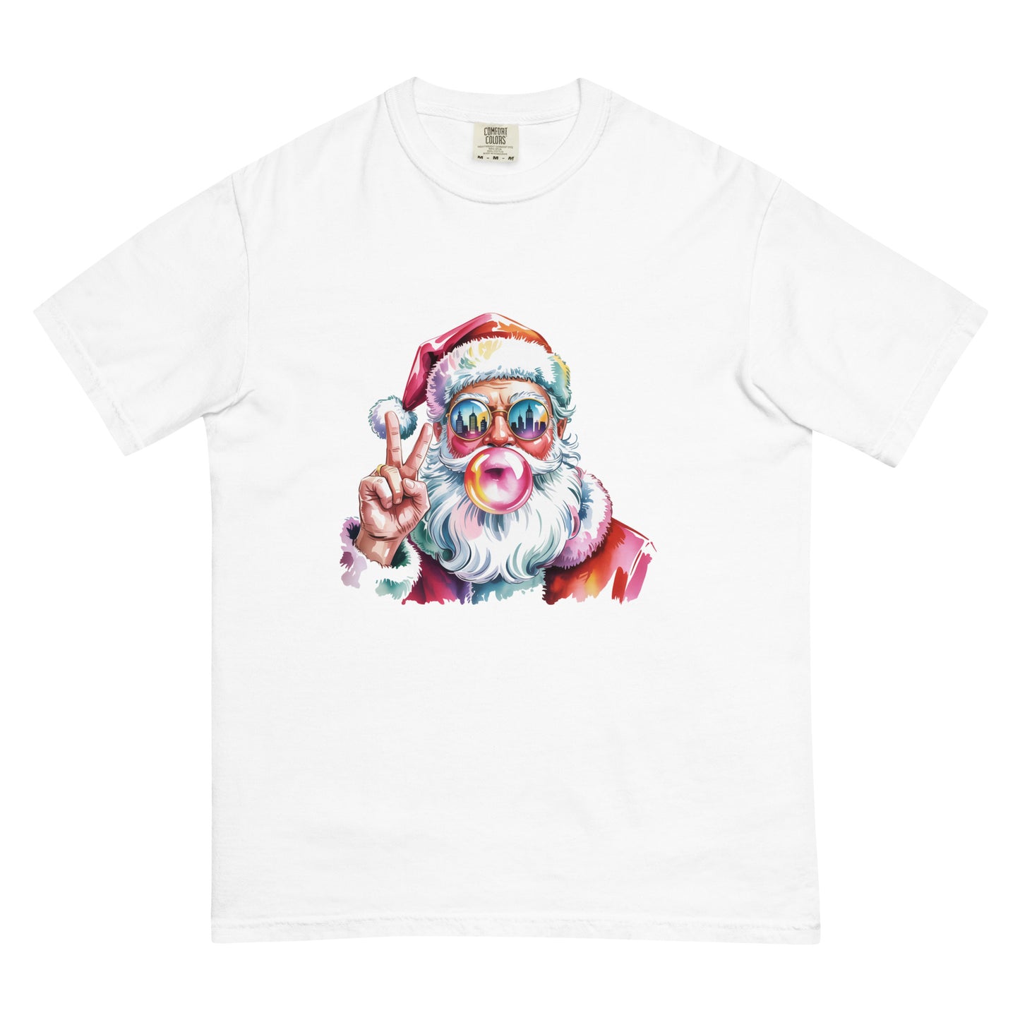 Hey Santa graphic Christmas T-shirt in multiple colors displayed flat for product detailing.