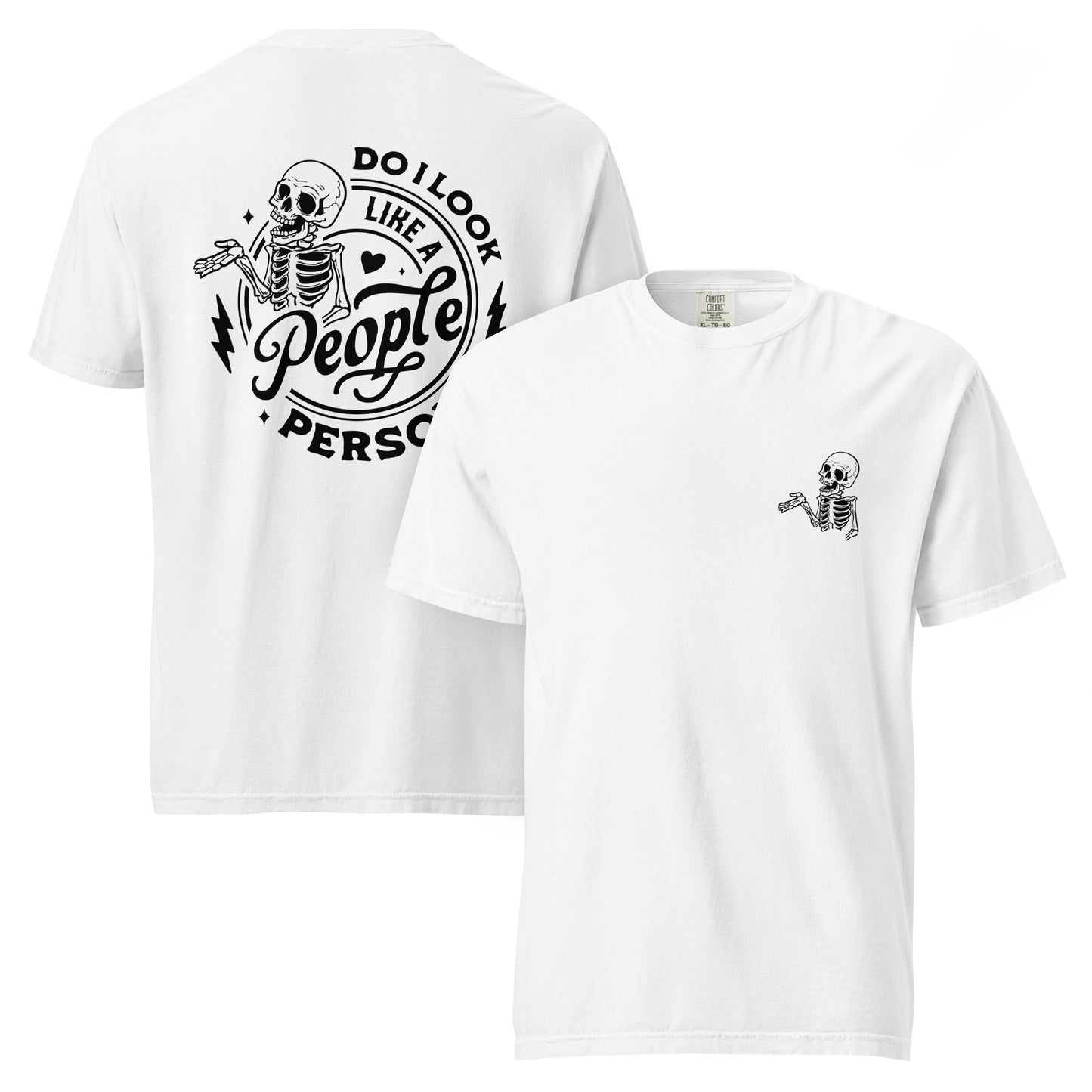 Additional product mockups of “People Person?” skeleton graphic tee
