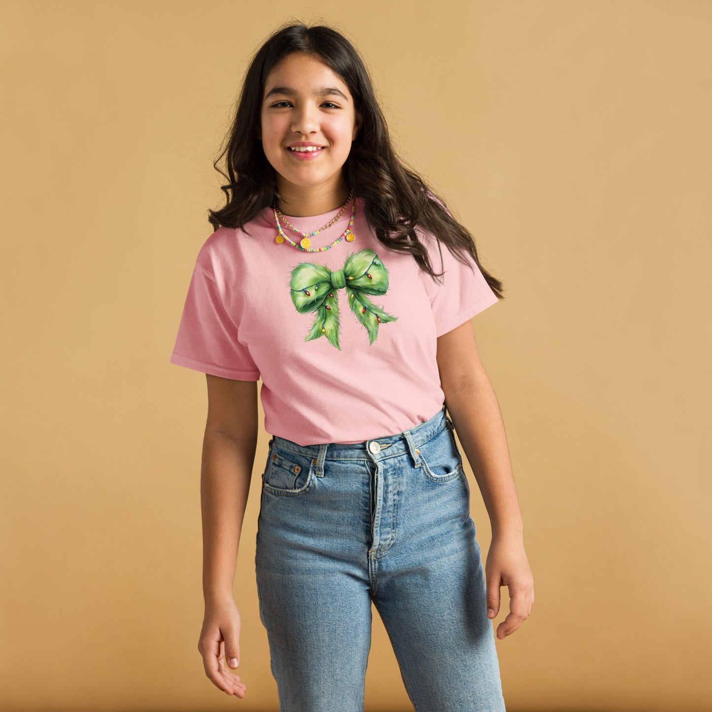 Kid’s Christmas bow graphic t-shirt – Favorite Green Bow design by Jolie Bow Co.